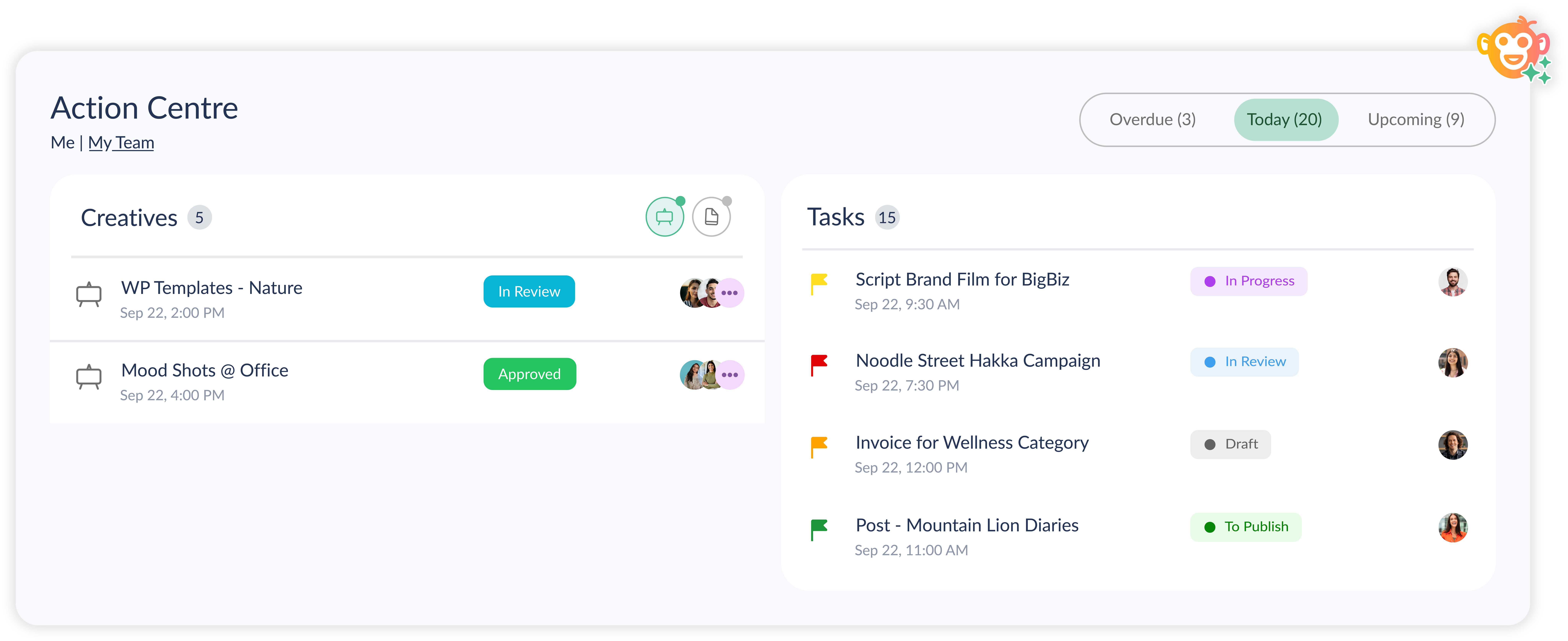 A dashboard showing an action centre with creatives, tasks, deadlines, and status updates like In Review and Approved.