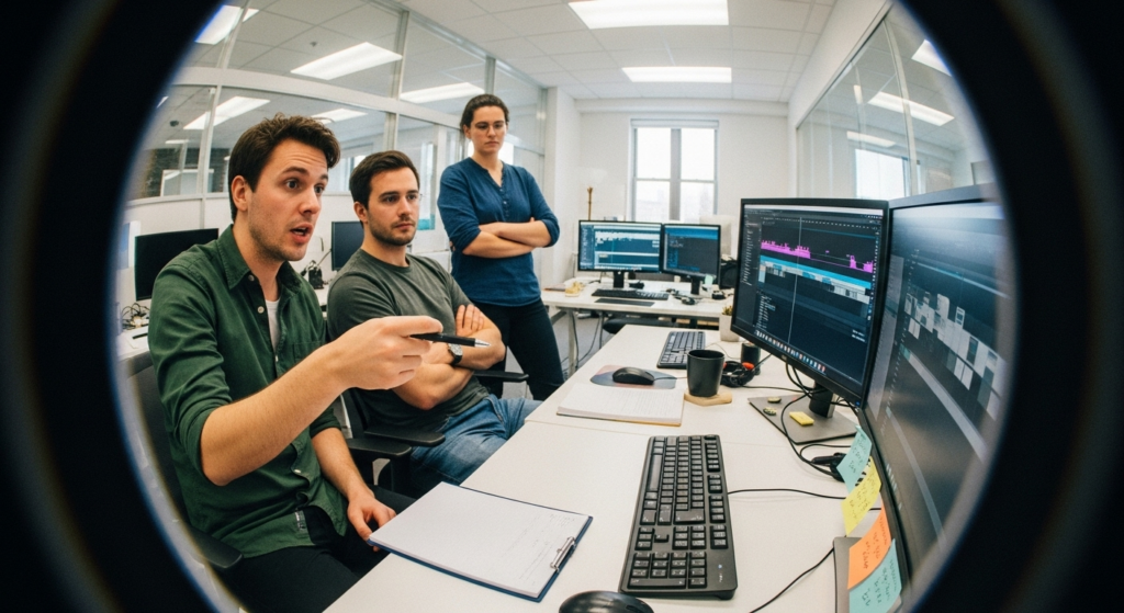 Creative team collaborating on video edits in an office, reviewing project timelines on multiple screens and discussing revision feedback.